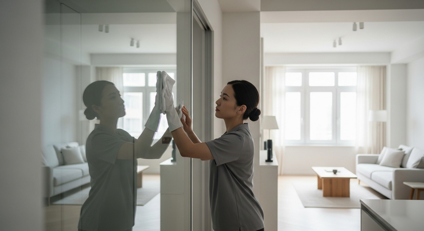Technician polishing floor-to-ceiling windows
