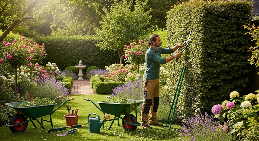 Gardener pruning plants in a landscaped garden