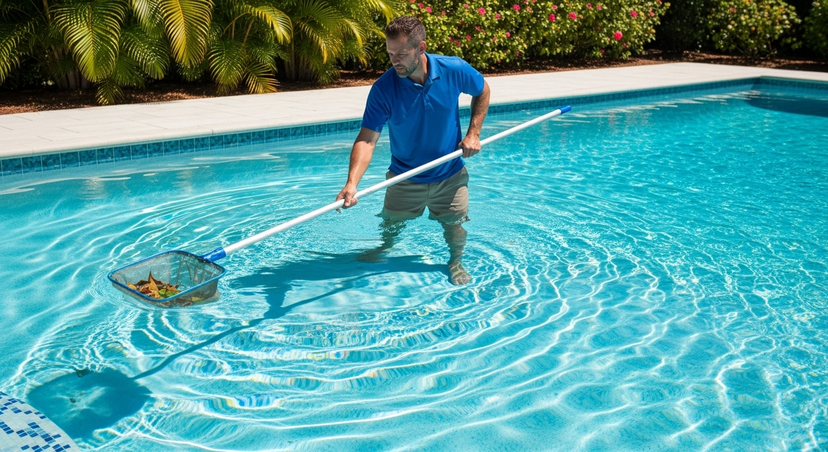 Technician vacuuming a residential pool
